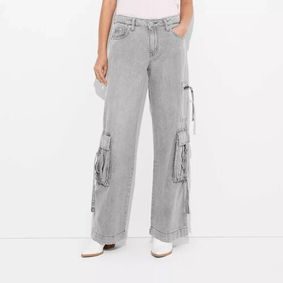 Women's Mid-Rise Wide Leg Cargo Baggy Pants (Size 6) GRAY WASH - NEW!!! - Picture 3 of 8